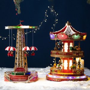 Music Box Carousel Christmas Glowing Ornament, Eight-Tune Box Window Display Decoration for Festive Atmosphere